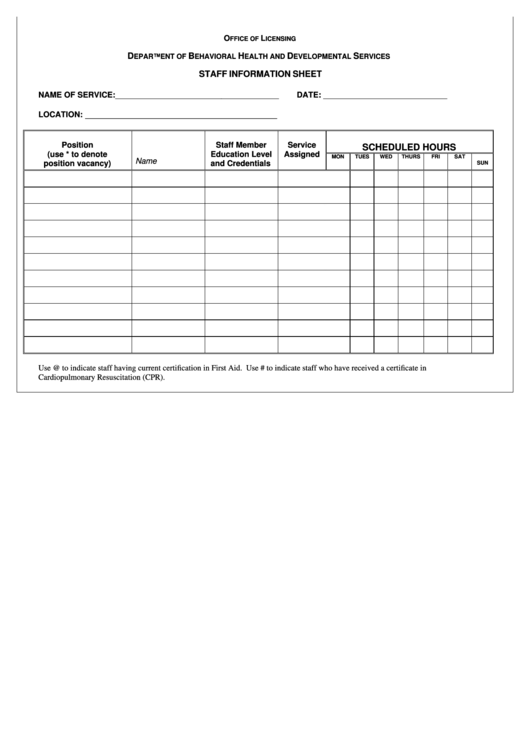 Staff Information Sheet - Department Of Behavioral Health And Developmental Services Printable pdf