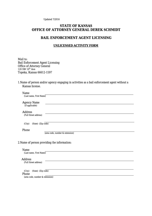 Unlicensed Activity Form - State Of Kansas
