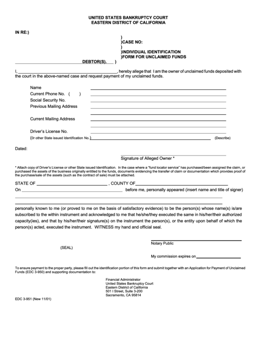 Fillable Form Edc 3-951 - Individual Identification Form For Unclaimed Funds - Eastern District Of California Bankruptcy Court Printable pdf