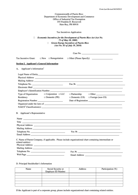 Tax Incentives Application - Puerto Rico Department Of Economic Development And Commerce Printable pdf