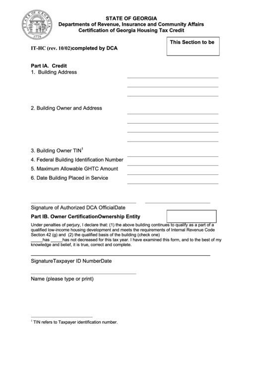 Form It-Hc - Certification Of Georgia Housing Tax Credit - Departments Of Revenue, Insurance And Community Affairs Printable pdf