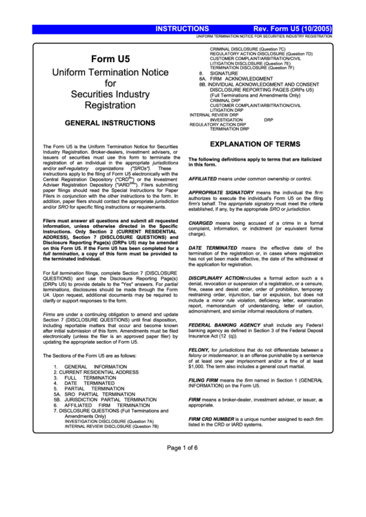 Instructions For Form U5 - Uniform Termination Notice For Securities Industry Registration Printable pdf