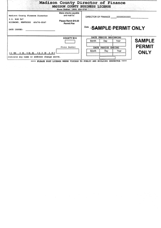 Madison County Business License - Sample Permit Only Printable pdf
