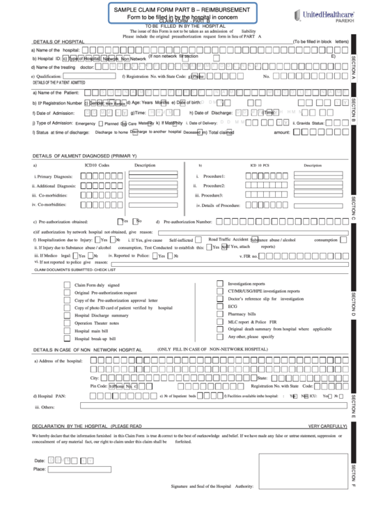 Sample Claim Form Part B - Reimbursement - United Healthcare Form Printable pdf