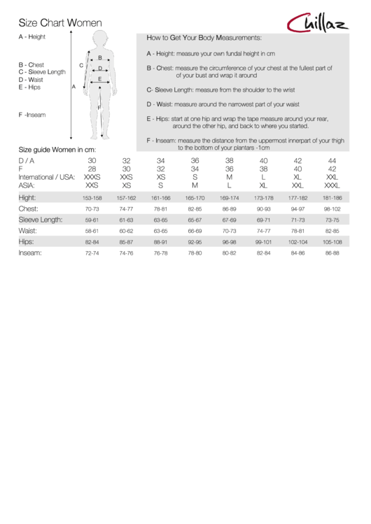Chillaz Size Chart Women Printable pdf