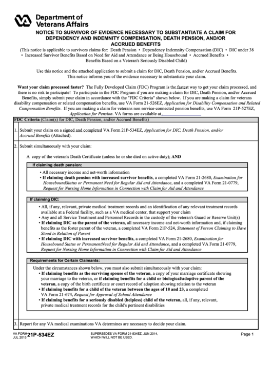Fillable Va Form 21p-534ez - Notice To Survivor Of Evidence Necessary To Substantiate A Claim For Dependency And Indemnity Compensation, Death Pension, And/or Accrued Benefits Printable pdf