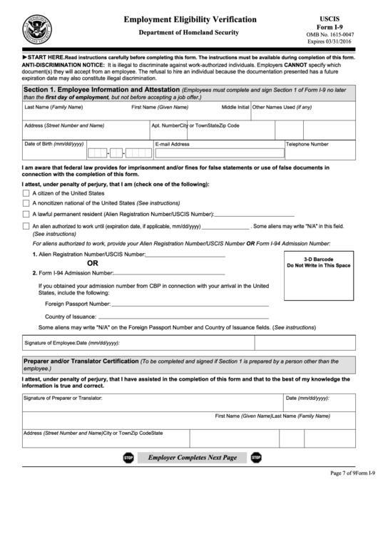 Fillable Form I9 Employment Eligibility Verification printable pdf