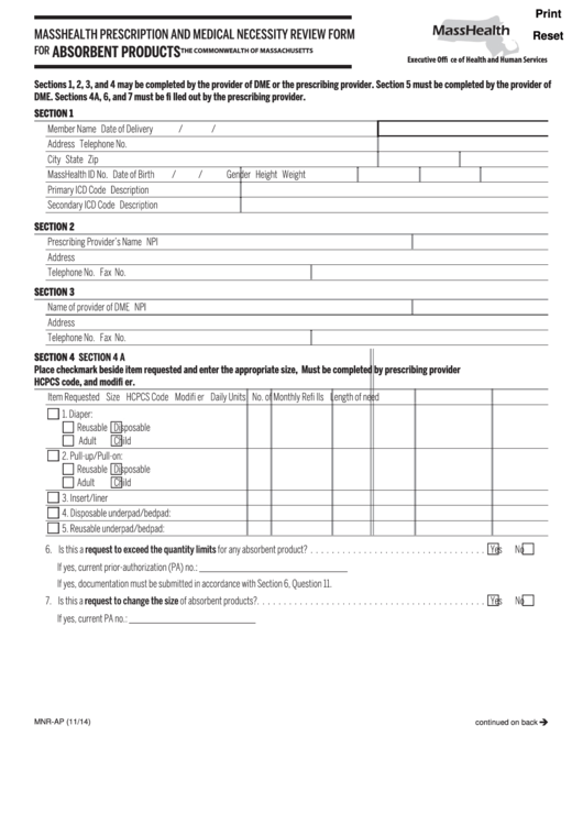 Fillable Form Mnr-Ap - Masshealth Prescription And Medical Necessity Review Form For Absorbent Products Printable pdf