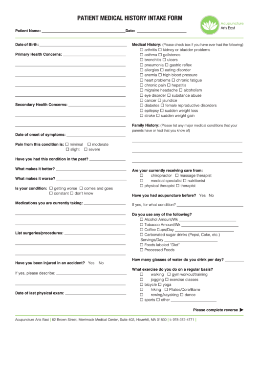 Medical Patient Intake Form Template