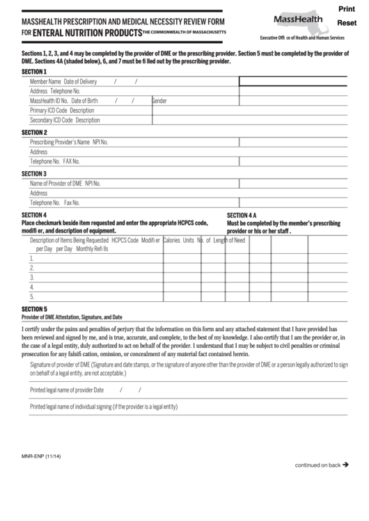 Fillable Form Mnr-Enp - Masshealth Prescription And Medical Necessity Review Form For Enteral Nutrition Products Printable pdf