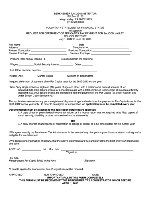 Voluntary Statement Of Financial Status In Support Of Request For Deferment Of Per Capita Tax Payment For Saucon Valley School District Printable pdf