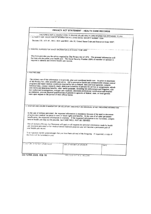 Dd Form 2005 - Privacy Act Statement - Health Care Records Printable pdf