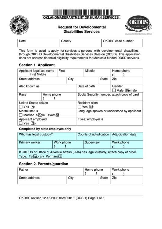 Form Dds-1 - Request For Developmental Disabilities Services