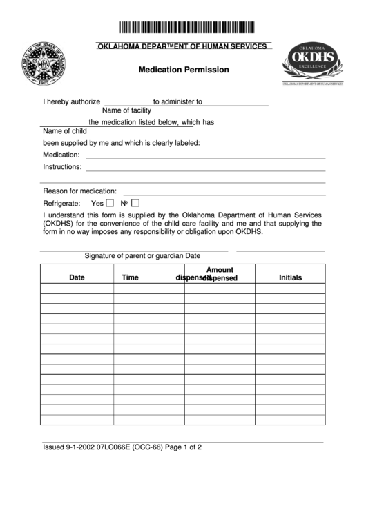 Fillable Form 07lc066e (Occ-66) - Medication Permission Printable pdf