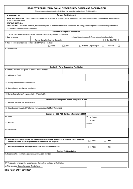 Fillable Ngb Form 5437 - Request For Military Equal Opportunity Complaint Facilitation Printable pdf