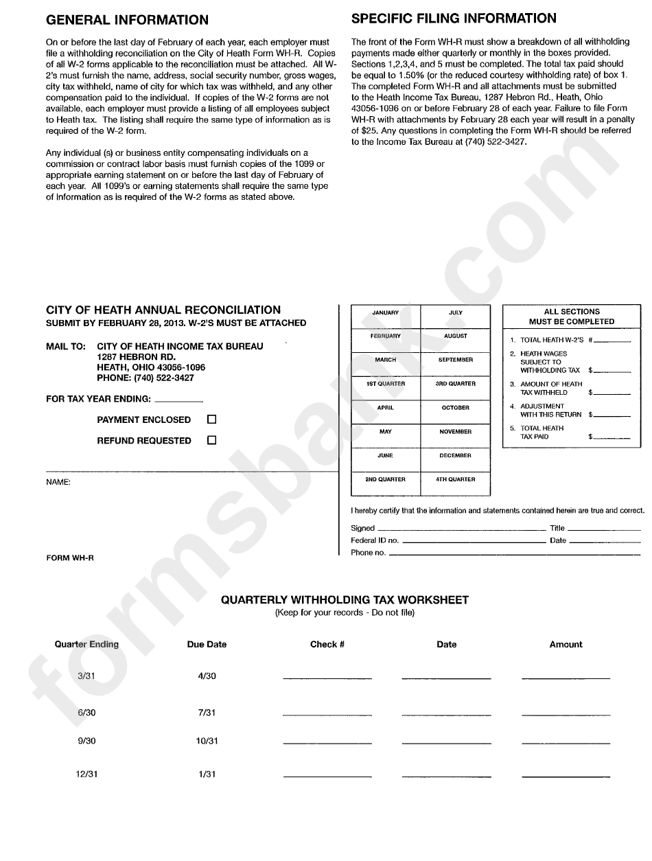 Form Wh-R - City Of Heath Annual Reconciliation printable pdf download