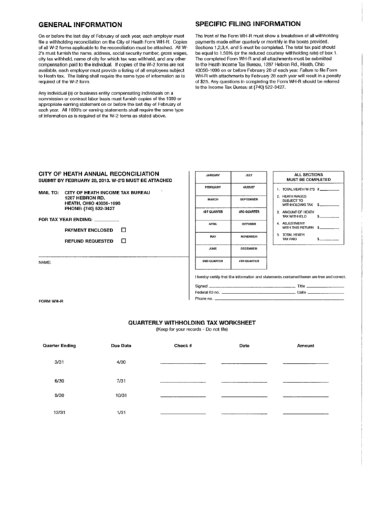 Form Wh-R - City Of Heath Annual Reconciliation Printable pdf