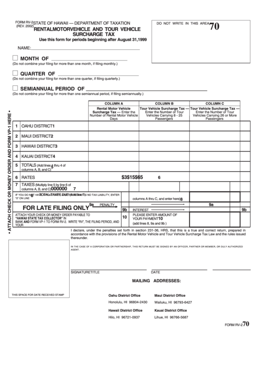 Form Rv-2 - Rental Motor Vehicle And Tour Vehicle Surcharge Tax - 2002 Printable pdf