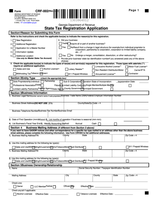 Fillable Form Crf-002 - State Tax Registration Application Printable pdf