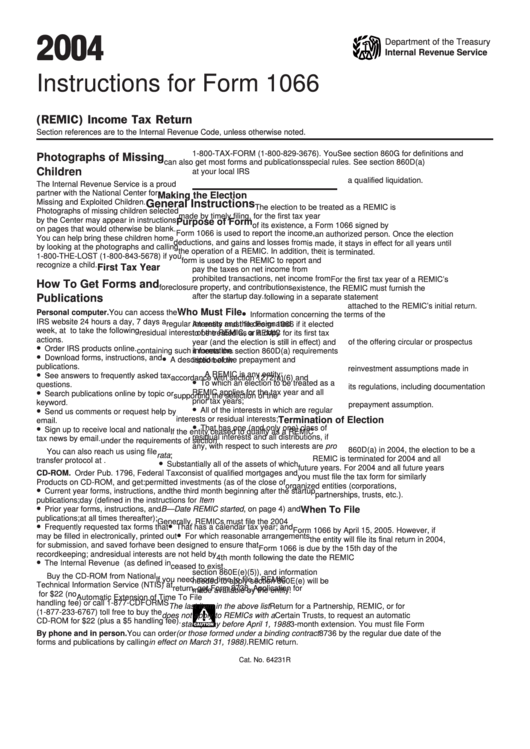Instructions For Form 1066 - U.s. Real Estate Mortgage Investment Conduit (Remic) Income Tax Return - 2004 Printable pdf