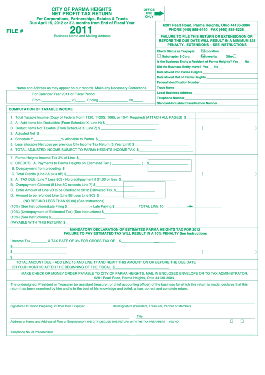 Net Profit Tax Return Form - City Of Parma Heights - 2011 Printable pdf