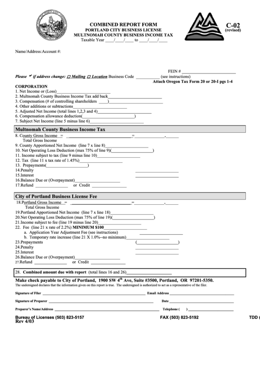 Form C-02 - Combined Report Form - Multnomah County Business Income Tax - 2003 Printable pdf