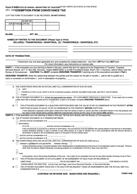 Fillable Form P-64b - Exemption From Conveyance Tax - 1999 Printable pdf