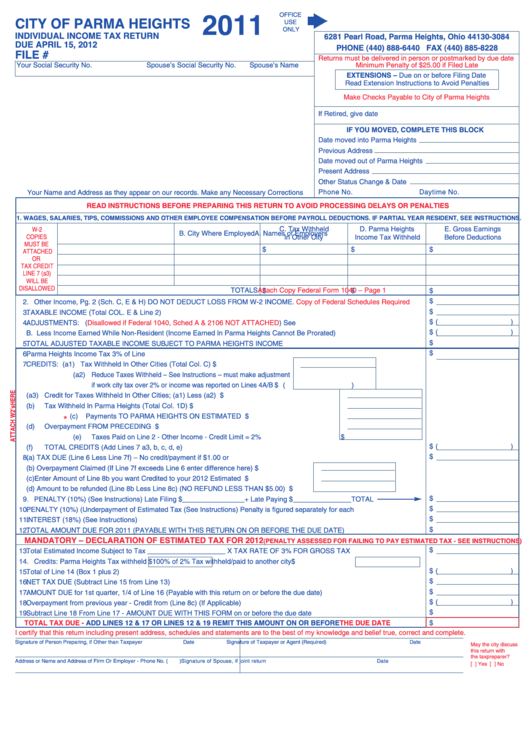 Individual Income Tax Return Form - City Of Parma Heights - 2011 Printable pdf