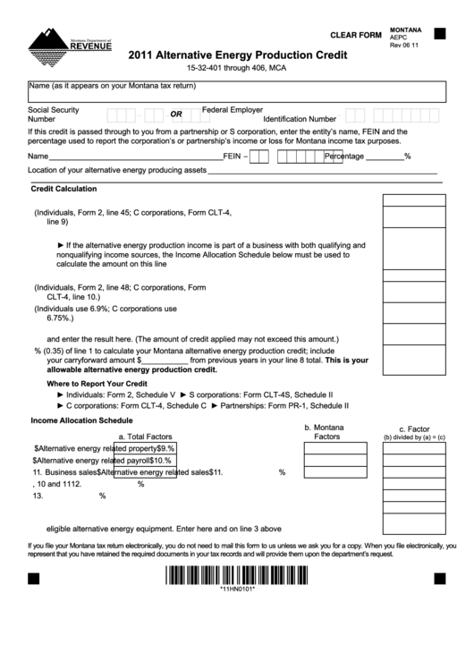 Fillable Montana Form Aepc - 2011 Alternative Energy Production Credit Printable pdf
