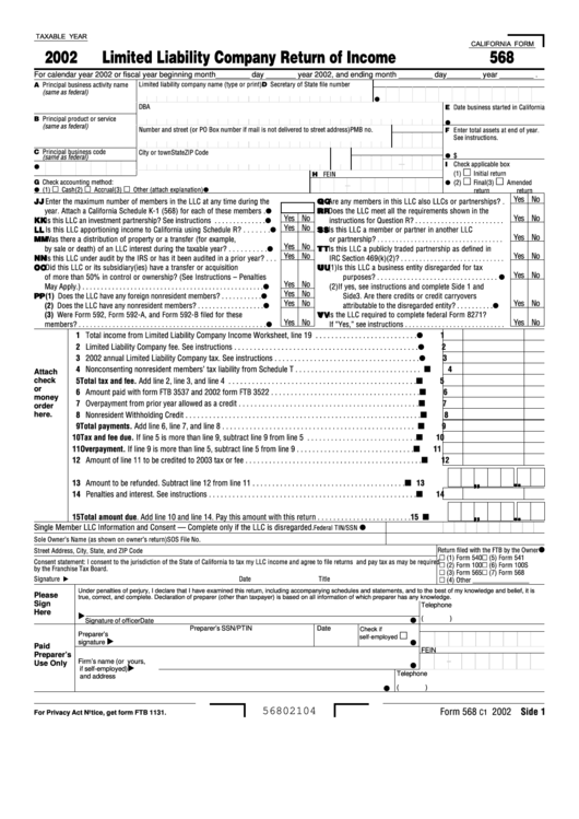 California Form 568 - Limited Liability Company Return Of Income - 2002 Printable pdf