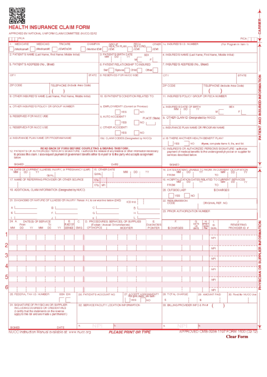 Fillable Form 1500 - Health Insurance Claim Form printable pdf download