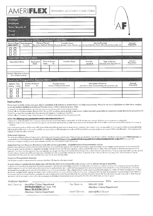 Ameriflex Spending Account Claim Form Printable pdf