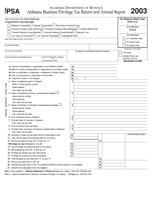 Form Psa - Alabama Business Privilege Tax Return And Annual Report - 2003