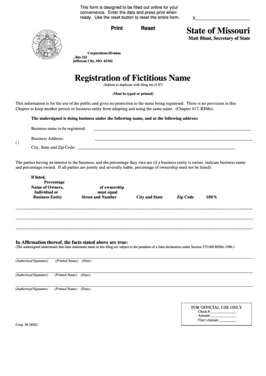 Fillable Registration Of Fictitious Name - Missouri Secretary Of State Printable pdf