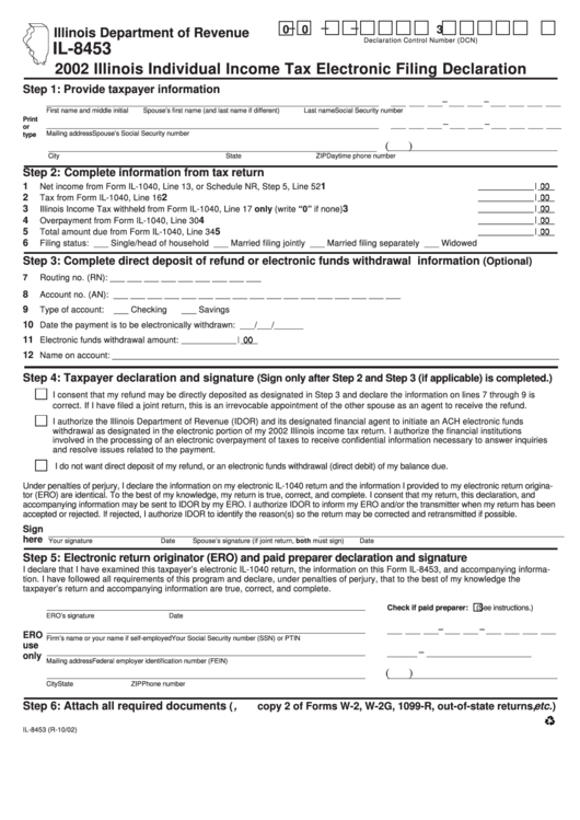 Form Il-8453 - Illinois Individual Income Tax Electronic Filing Declaration - 2002 Printable pdf