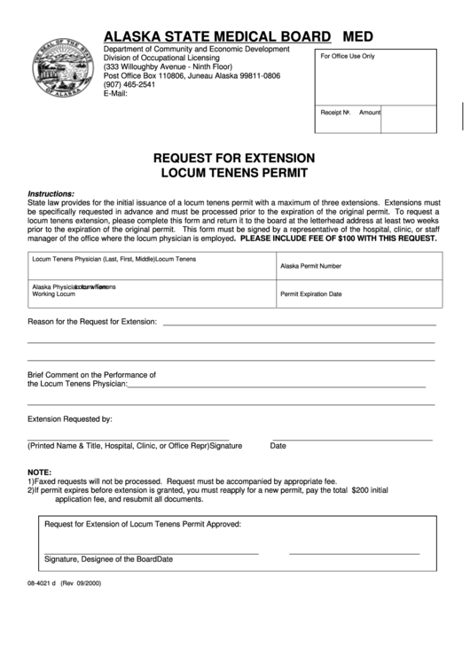 Form 08-4021 D - Request For Extension Locum Tenens Permit - Alaska Printable pdf