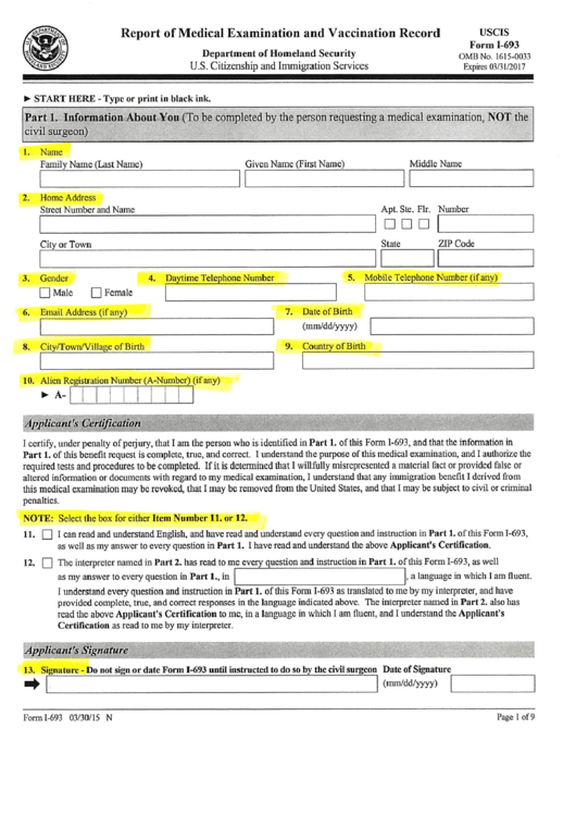 Form I-693 - Report Of Medical Examination And Vaccination Record Printable pdf