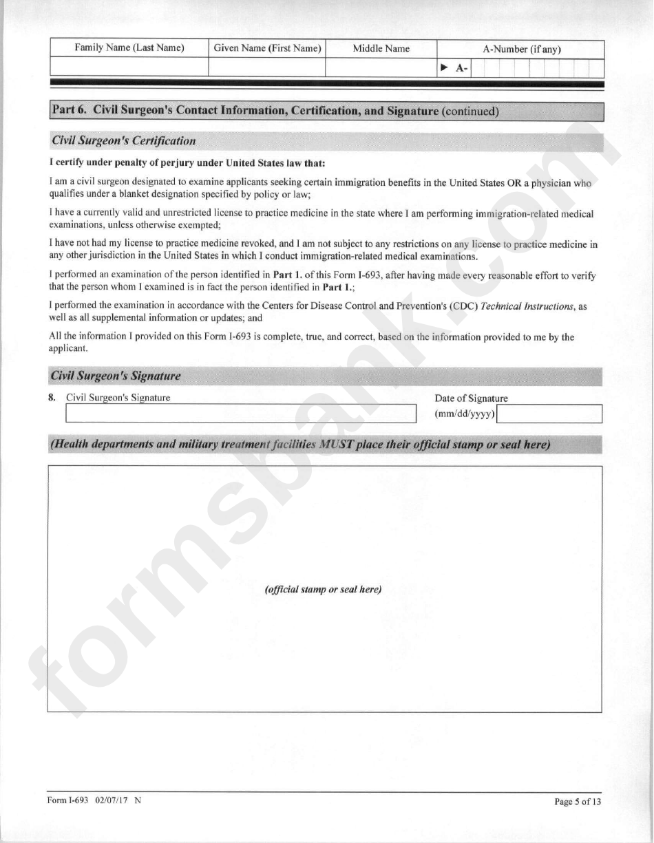 Form I-693 - Report Of Medical Examination And Vaccination Record