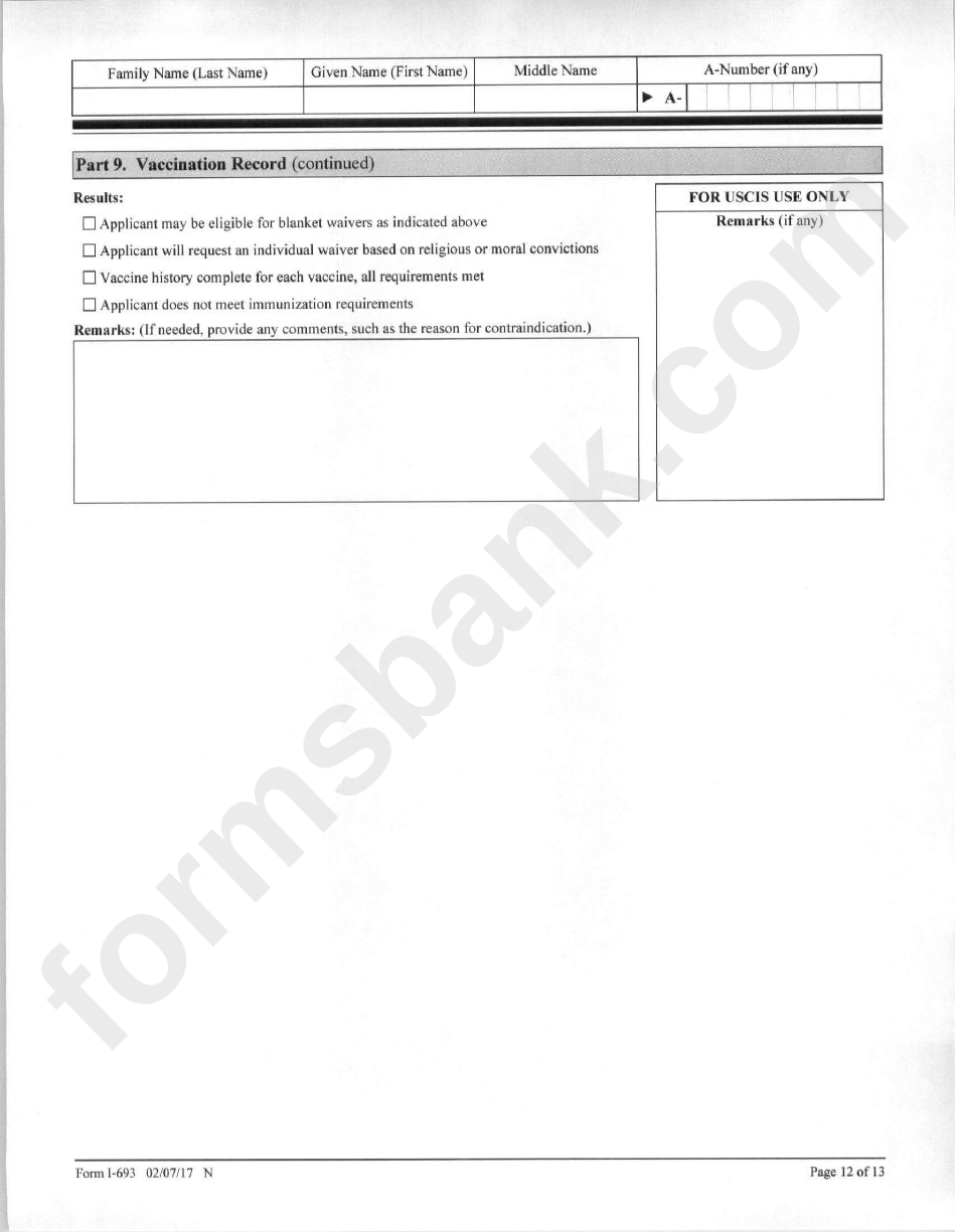 Form I-693 - Report Of Medical Examination And Vaccination Record