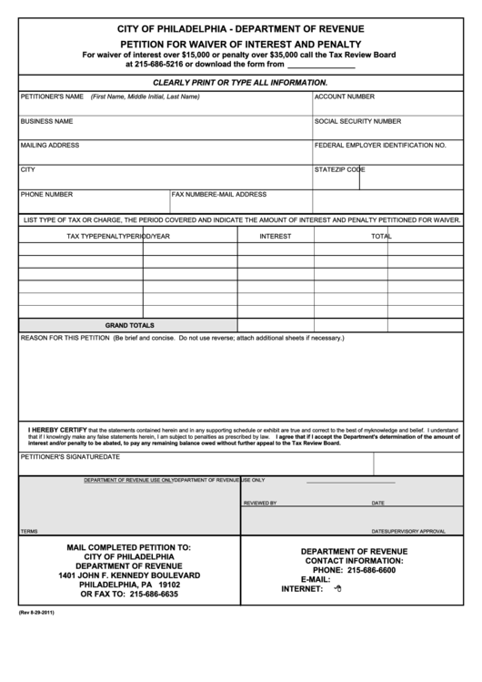 Petition For Waiver Of Interest And Penalty - City Of Philadelphia - Department Of Revenue Printable pdf