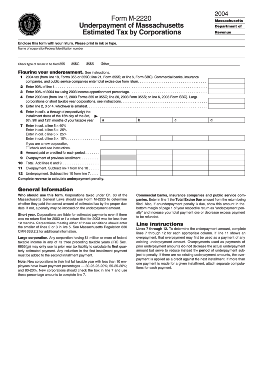 Form M-2220 - Underpayment Of Massachusetts Estimated Tax By Corporations - 2004 Printable pdf
