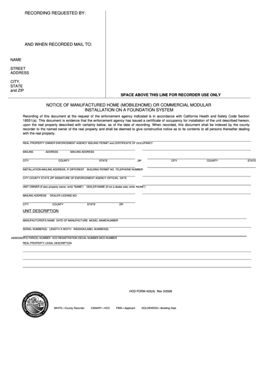 Hcd Form 433(A) - Notice Of Manufactured Home (Mobilehome) Or Commercial Modular Installation On A Foundation System Printable pdf