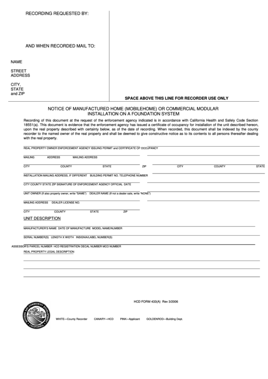 Hcd Form 433 A Notice Of Manufactured Home Mobilehome Or 