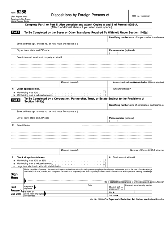 Form 8288 - U.s. Withholding Tax Return For Dispositions By Foreign Persons Of U.s. Real Property Interests Printable pdf