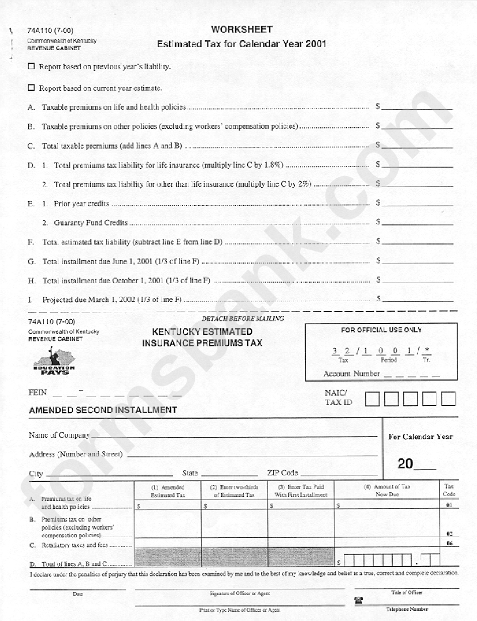 Form 74a110 - Kentucky Estimated Insurance Premiums Tax - 2001