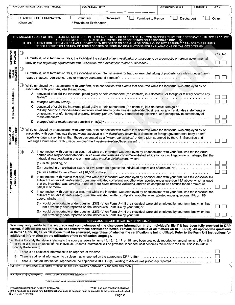Form U-5 - Uniform Termination Notice For Securities Industry Registration
