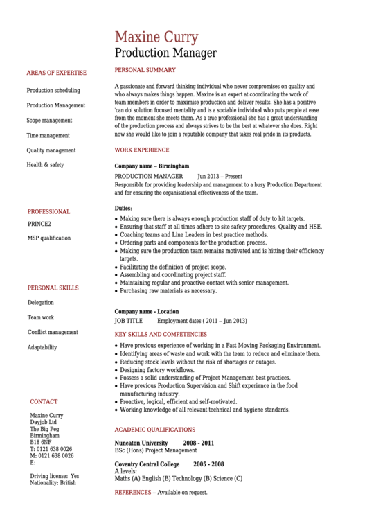 Production Manager Resume Template Printable pdf