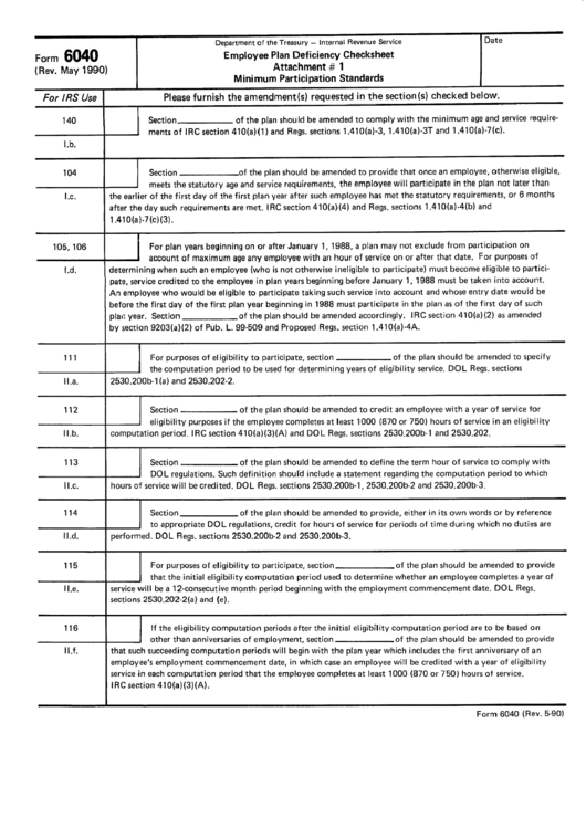 Form 6040 - Employee Plan Deficiency Checksheet Printable pdf