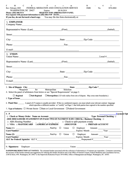 Fillable Fmcs Form R-43 - Request For Arbitration Panel Printable pdf