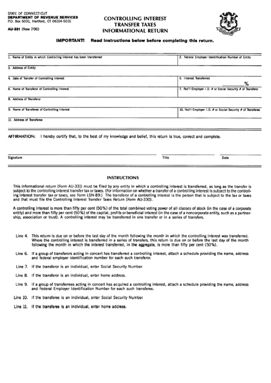 Fillable Form Au-331 - Controlling Interest Transfer Taxes Informational Return Printable pdf